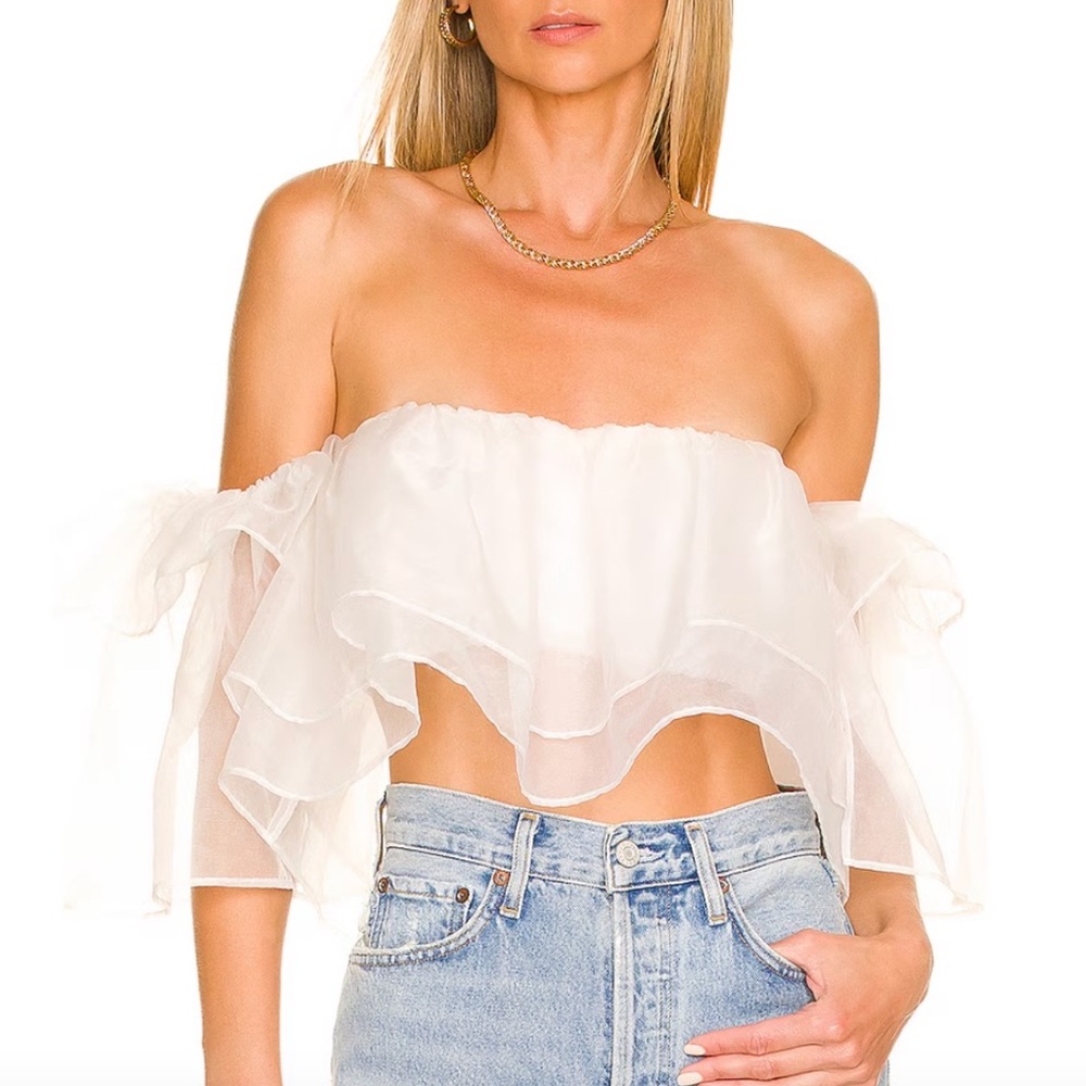 Show Me Your MuMu White Off-Shoulder Crop Top- Rossella Ruffle Top